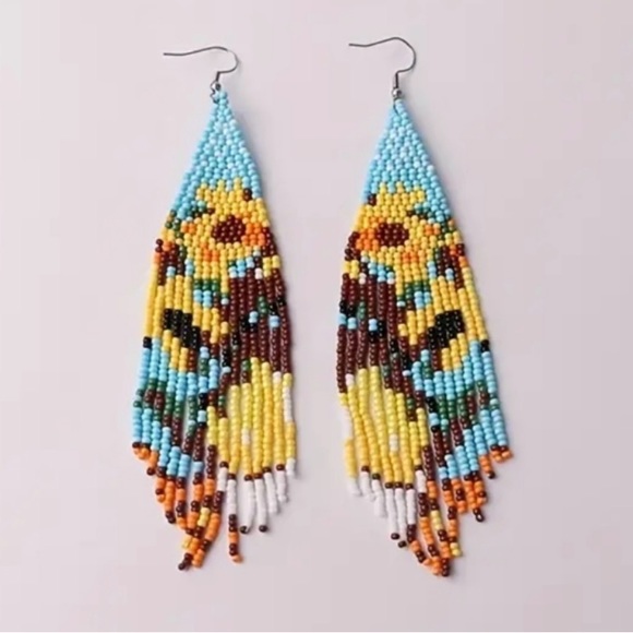 Color Block Bead Tassel Drop Earrings Bohemian Flower Fringe Dangle Earrings - Picture 1 of 3